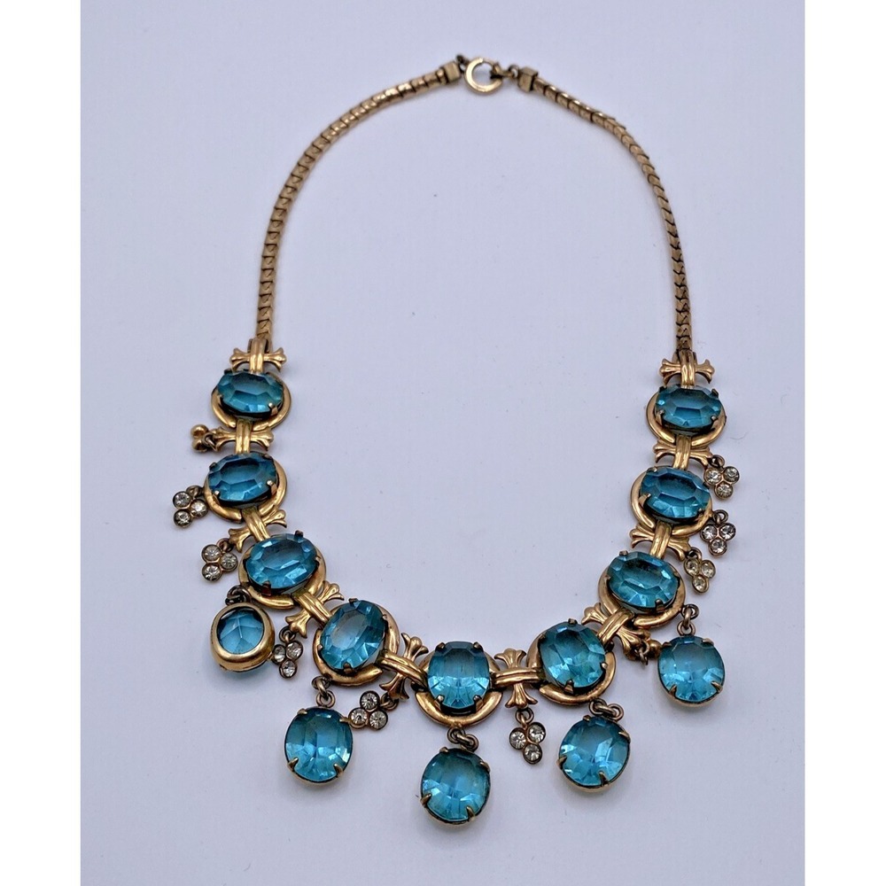 Stunning Vintage Aqua Blue Crystal Bib Necklace Gold Tone Art Deco